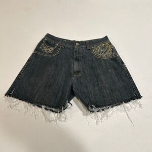 Affliction Gold Embroidered Cutoff Denim Shorts Men’s 34 Raw Hem Distressed